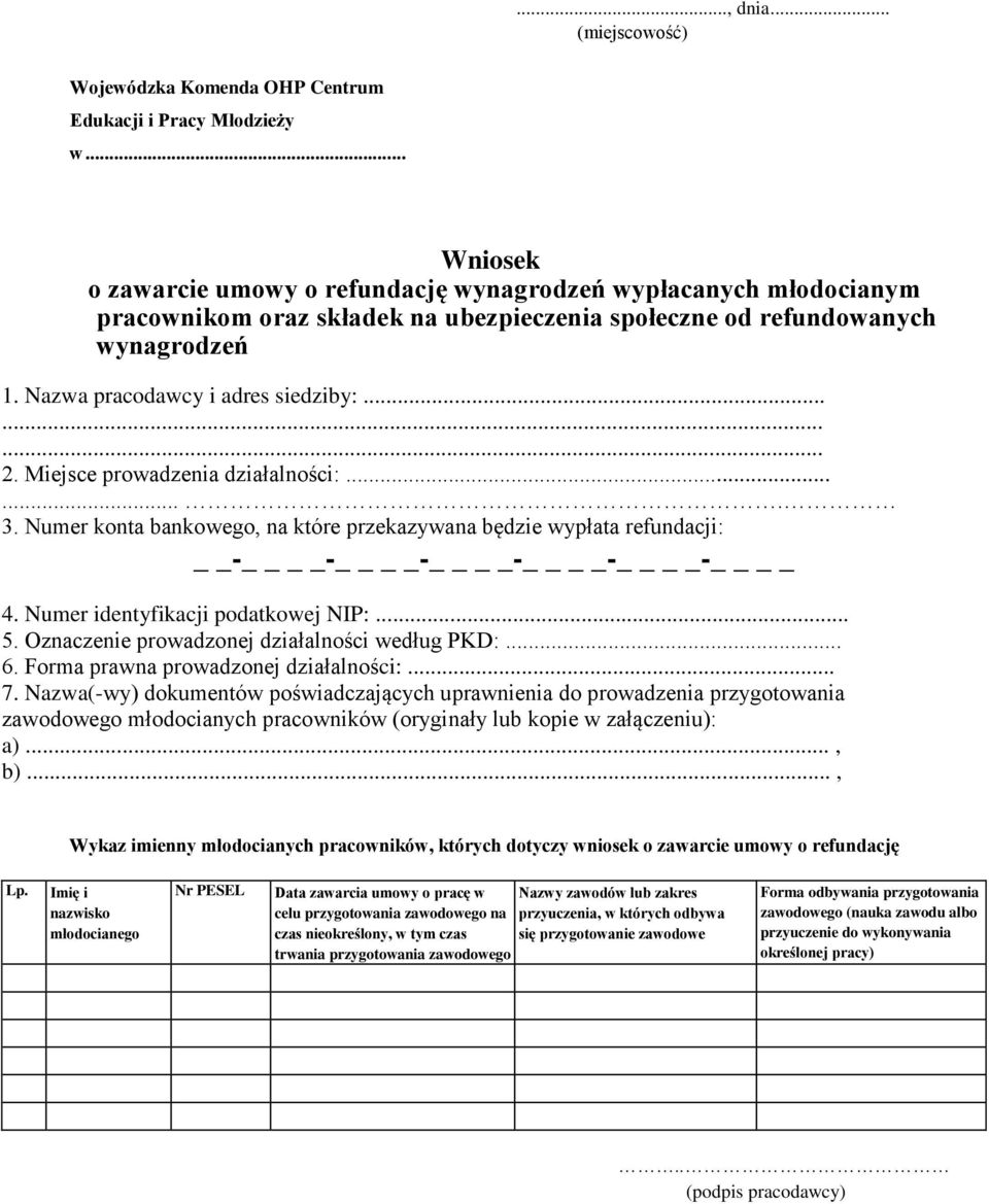 Miejsce prowadzenia działalności:....... 3. Numer konta bankowego, na które przekazywana będzie wypłata refundacji: - - - - - - 4. Numer identyfikacji podatkowej NIP:... 5.