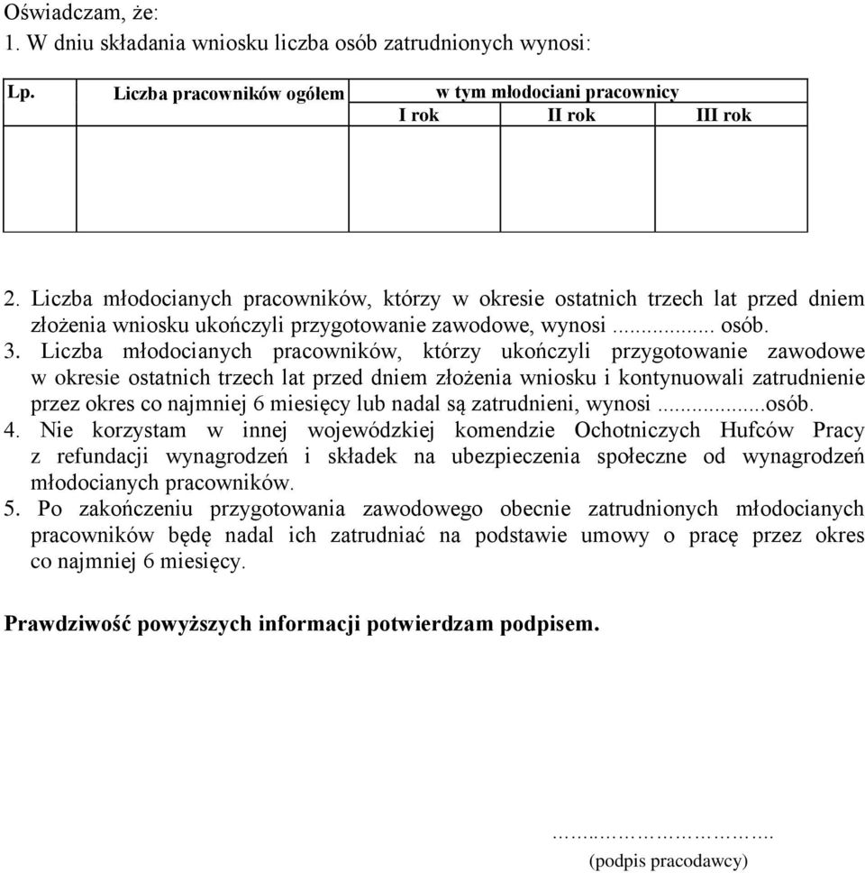 Liczba młodocianych pracowników, którzy ukończyli przygotowanie zawodowe w okresie ostatnich trzech lat przed dniem złożenia wniosku i kontynuowali zatrudnienie przez okres co najmniej 6 miesięcy lub
