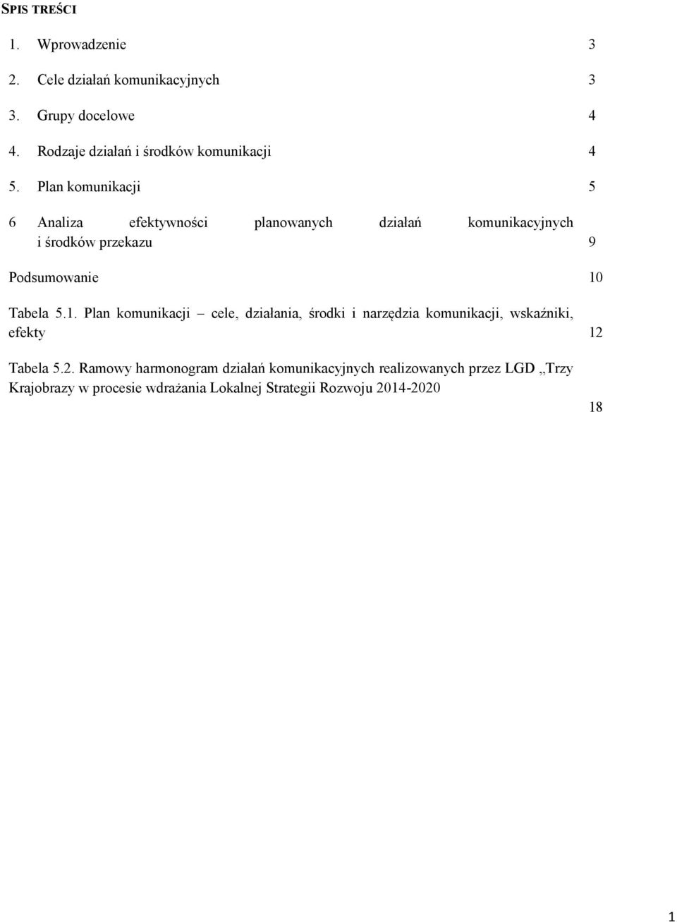 Plan komunikacji 5 6 Analiza efektywności planowanych działań komunikacyjnych i środków przekazu 9 Podsumowanie 10 Tabela 5.