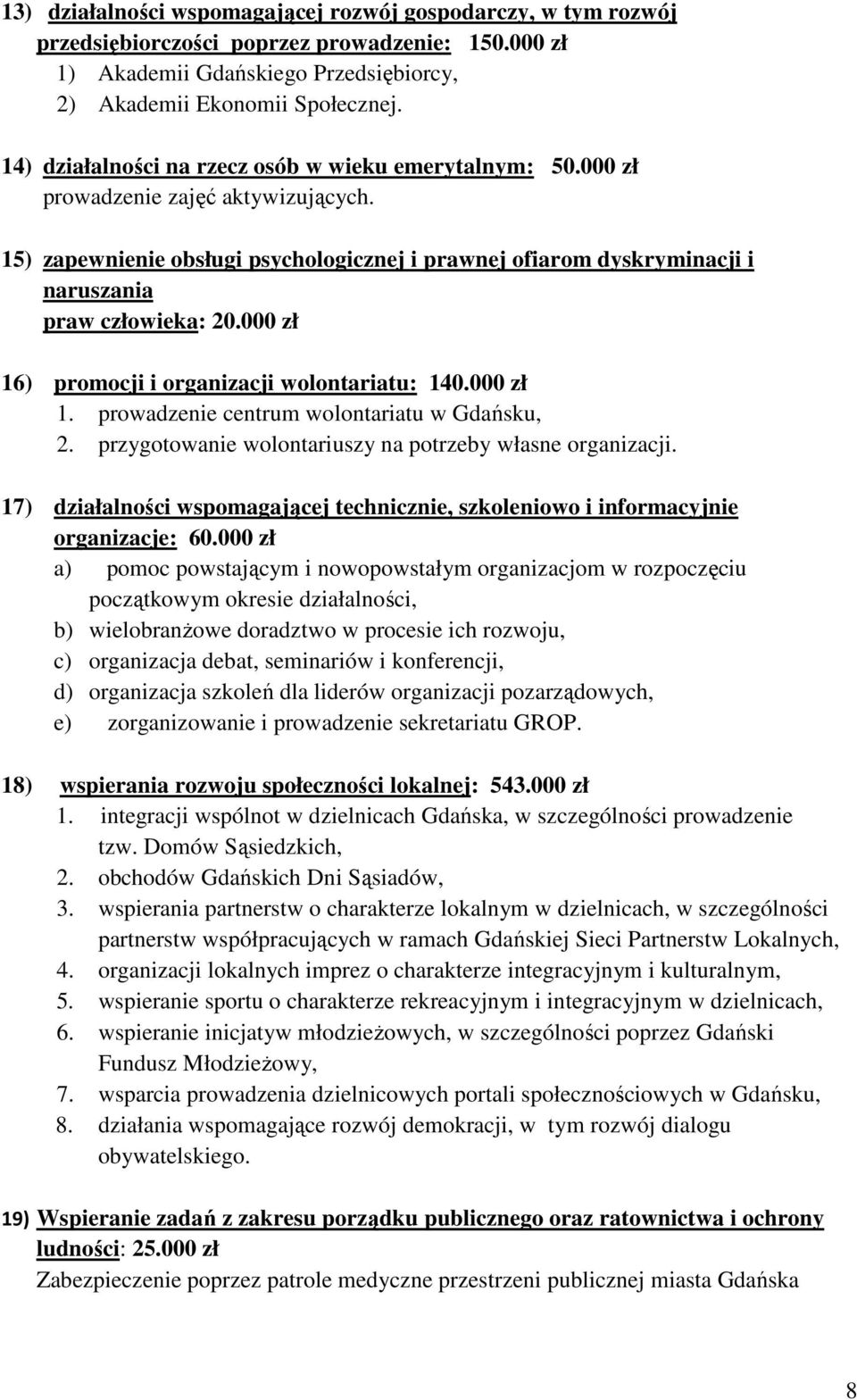 000 zł 16) promocji i organizacji wolontariatu: 140.000 zł 1. prowadzenie centrum wolontariatu w Gdańsku, 2. przygotowanie wolontariuszy na potrzeby własne organizacji.