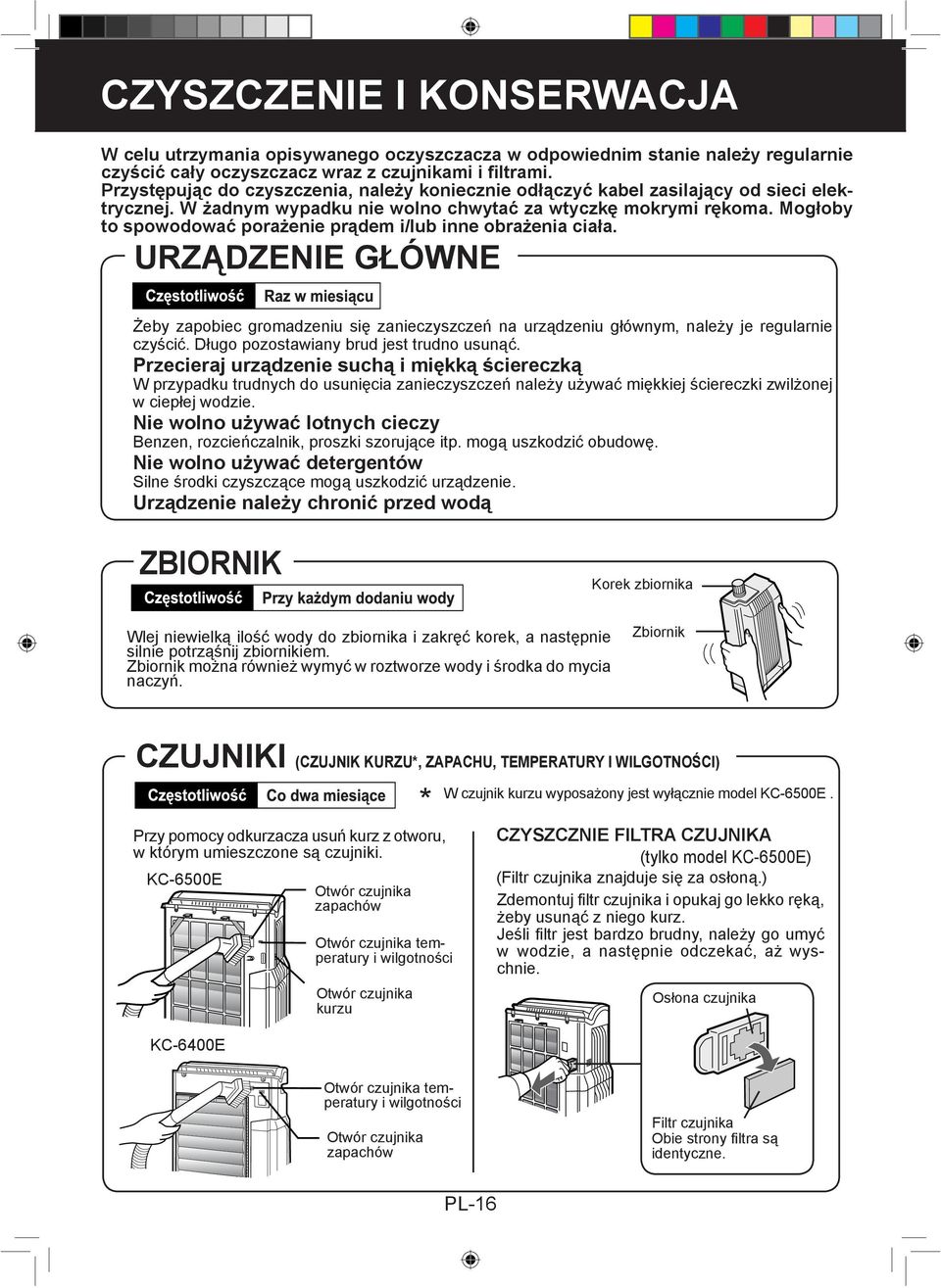 Mogłoby to spowodować porażenie prądem i/lub inne obrażenia ciała. URZĄDZENIE GŁÓWNE Żeby zapobiec gromadzeniu się zanieczyszczeń na urządzeniu głównym, należy je regularnie czyścić.