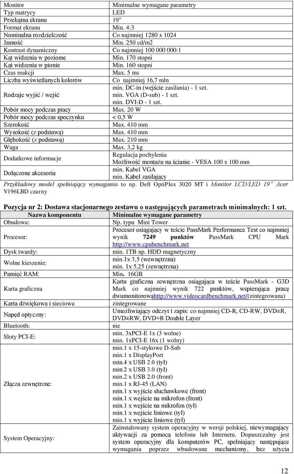 5 ms Liczba wyświetlanych kolorów Co najmniej 16,7 mln min. DC-in (wejście zasilania) - 1 szt. Rodzaje wyjść / wejść min. VGA (D-sub) - 1 szt. min. DVI-D - 1 szt. Pobór mocy podczas pracy Max.