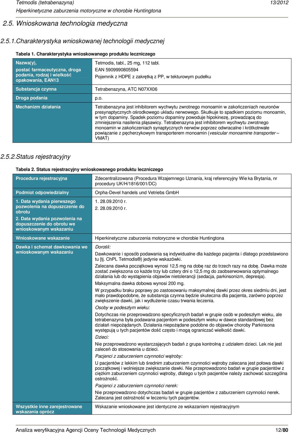 tabl., 25 mg, 112 tabl. EAN 5909990805594 Pojemnik z HDPE z zakrętką z PP, w tekturowym pudełku Tetrabenazyna, ATC N07XX06 p.o. Tetrabenazyna jest inhibitorem wychwytu zwrotnego monoamin w zakończeniach neuronów presynaptycznych ośrodkowego układu nerwowego.