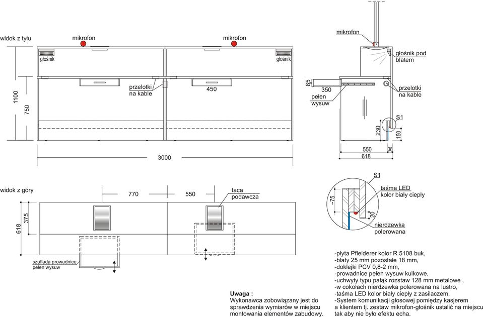 18 mm, -doklejki PCV 0,8-2 mm, -prowadnice pe³en wysuw kulkowe, -uchwyty typu pa³¹k rozstaw 128 mm metalowe, -w coko³ach nierdzewka polerowana na lustro,