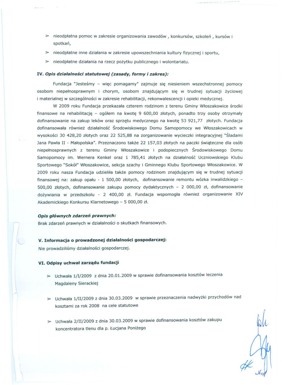Opis dzialalnosci statutowej (zasady, formy i zakres): Fundacja "Jestesmy - wiec pomagamy" zajmuje sie niesieniem wszechstronnej pomocy osobom niepelnosprawnym i chorym, osobom znajdujacym sie w