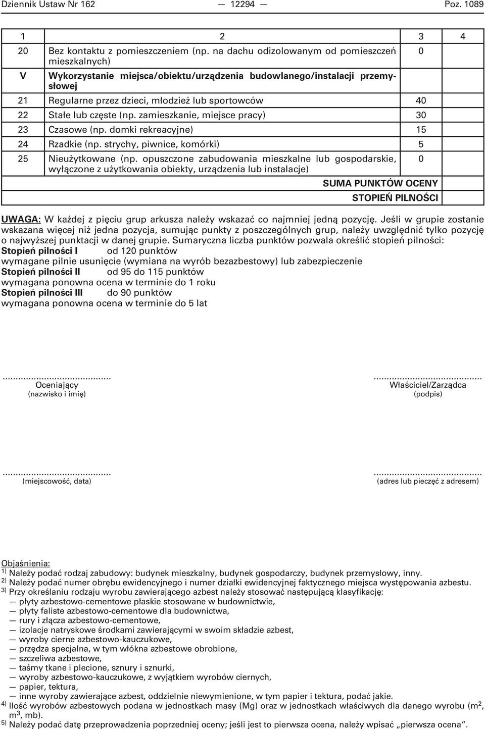 częste (np. zamieszkanie, miejsce pracy) 30 23 Czasowe (np. domki rekreacyjne) 15 24 Rzadkie (np. strychy, piwnice, komórki) 5 25 Nieużytkowane (np.