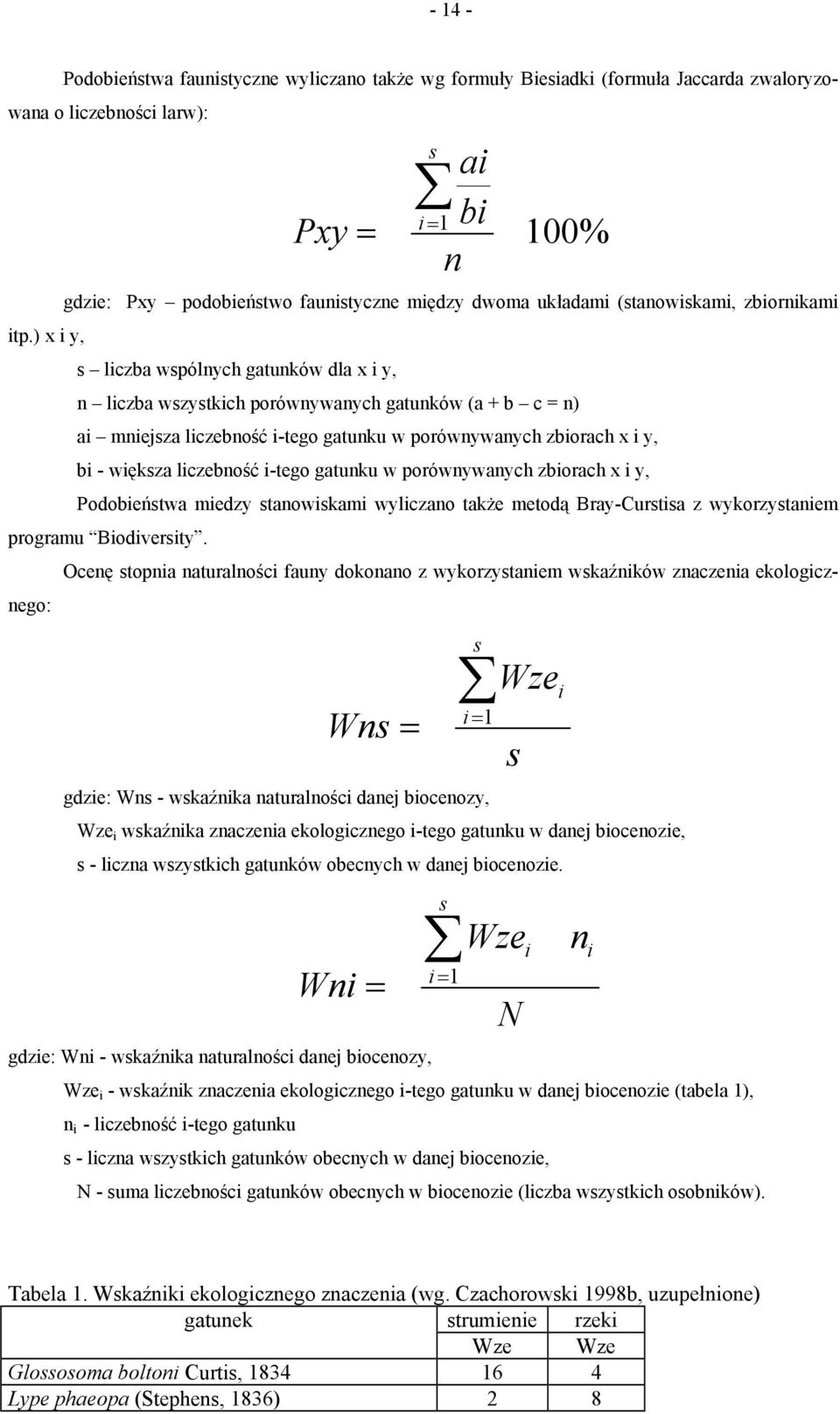 gatunków (a + b c = n) ai mniejsza liczebność i-tego gatunku w porównywanych zbiorach x i y, bi - większa liczebność i-tego gatunku w porównywanych zbiorach x i y, Podobieństwa miedzy stanowiskami