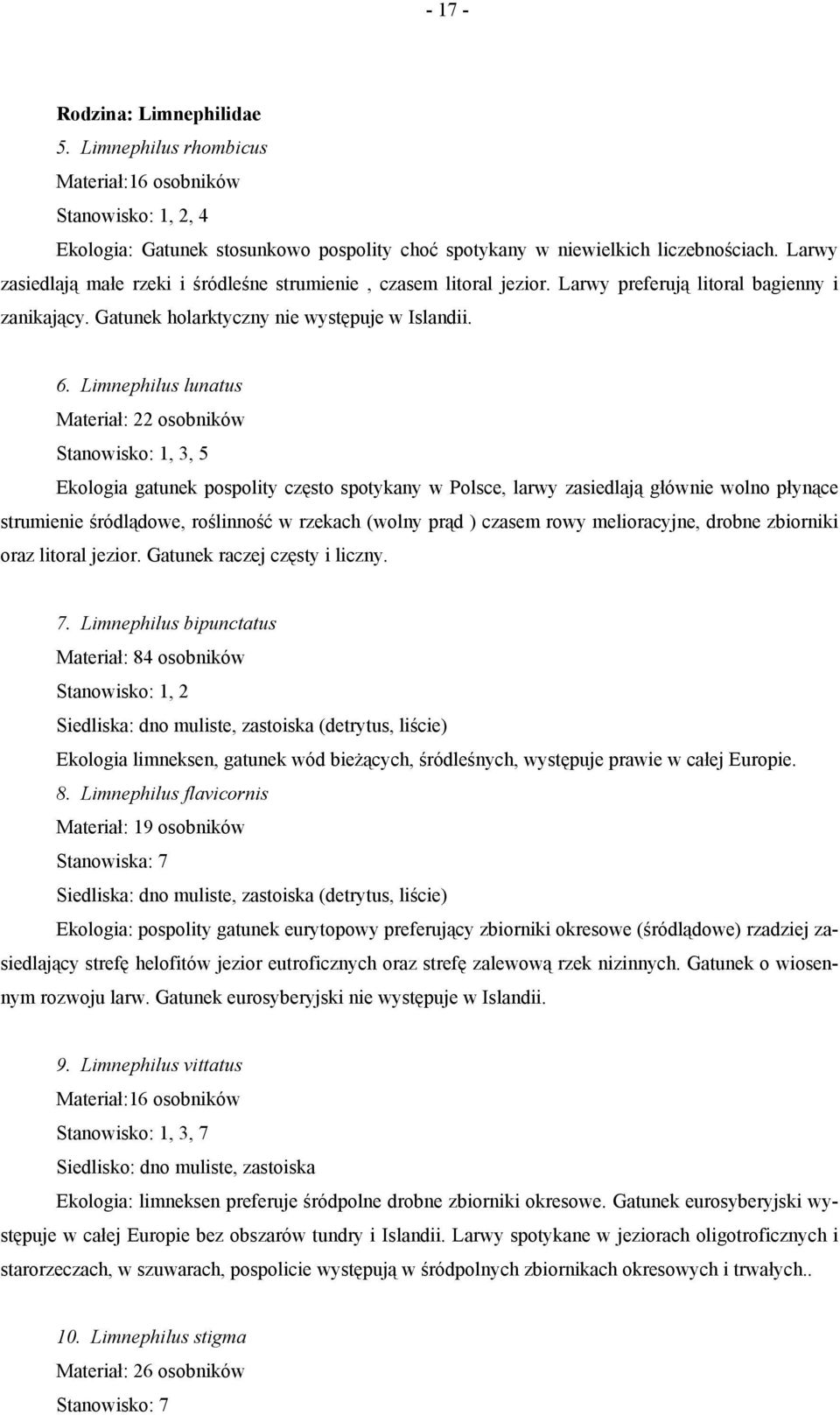 Limnephilus lunatus Materiał: 22 osobników Stanowisko: 1, 3, 5 Ekologia gatunek pospolity często spotykany w Polsce, larwy zasiedlają głównie wolno płynące strumienie śródlądowe, roślinność w rzekach