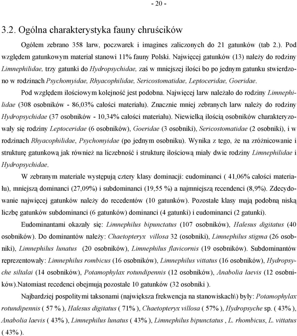 Sericostomatidae, Leptoceridae, Goeridae. Pod względem ilościowym kolejność jest podobna. Najwięcej larw należało do rodziny Limnephilidae (308 osobników - 86,03% całości materiału).