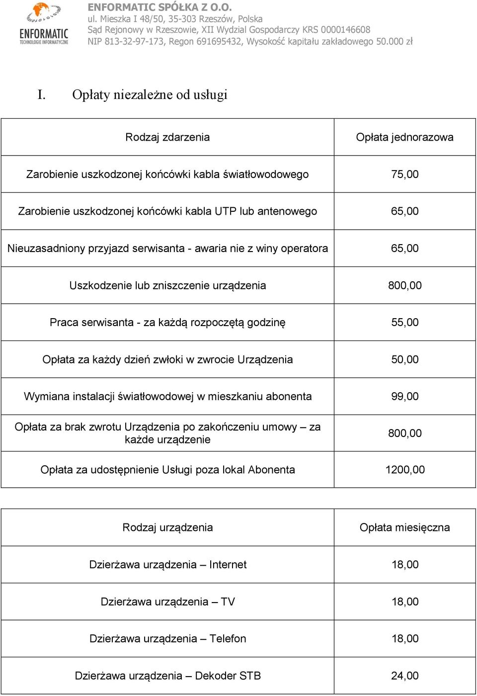 serwisanta - awaria nie z winy operatora 65,00 Uszkodzenie lub zniszczenie urządzenia 800,00 Praca serwisanta - za każdą rozpoczętą godzinę 55,00 Opłata za każdy dzień zwłoki w zwrocie Urządzenia