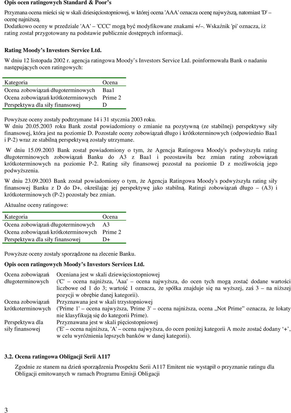 Rating Moody s Investors Service Ltd. W dniu 12 listopada 2002 r. agencja ratingowa Moody s Investors Service Ltd.