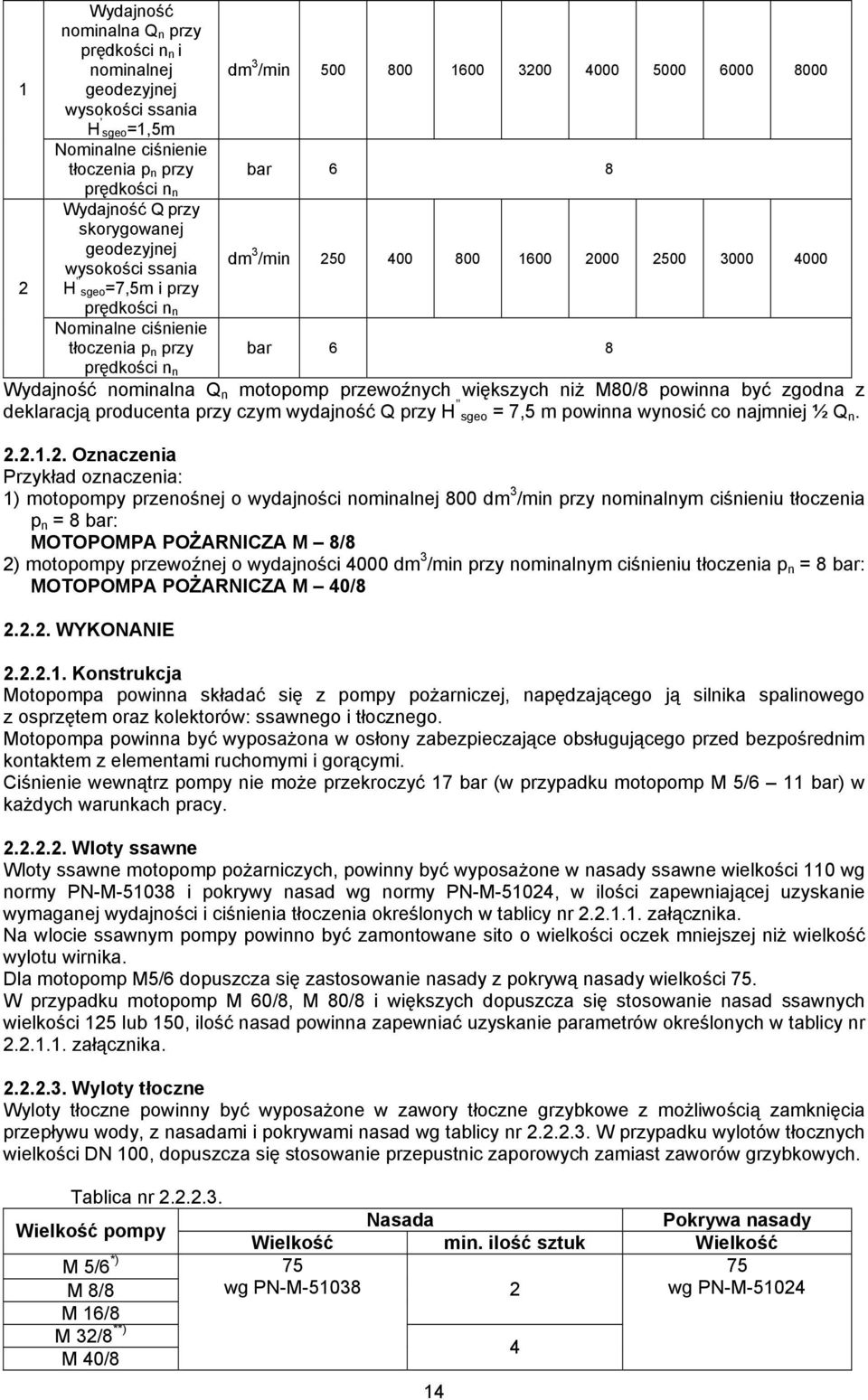 8 prędkości n n Wydajność nominalna Q n motopomp przewoźnych większych niż M80/8 powinna być zgodna z deklaracją producenta przy czym wydajność Q przy H sgeo = 7,5 m powinna wynosić co najmniej ½ Q n.