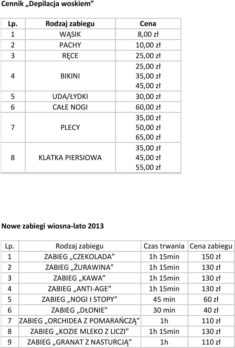 zł 50,00 zł 65,00 zł 8 KLATKA PIERSIOWA 35,00 zł 45,00 zł 55,00 zł Nowe zabiegi wiosna-lato 2013 Lp.