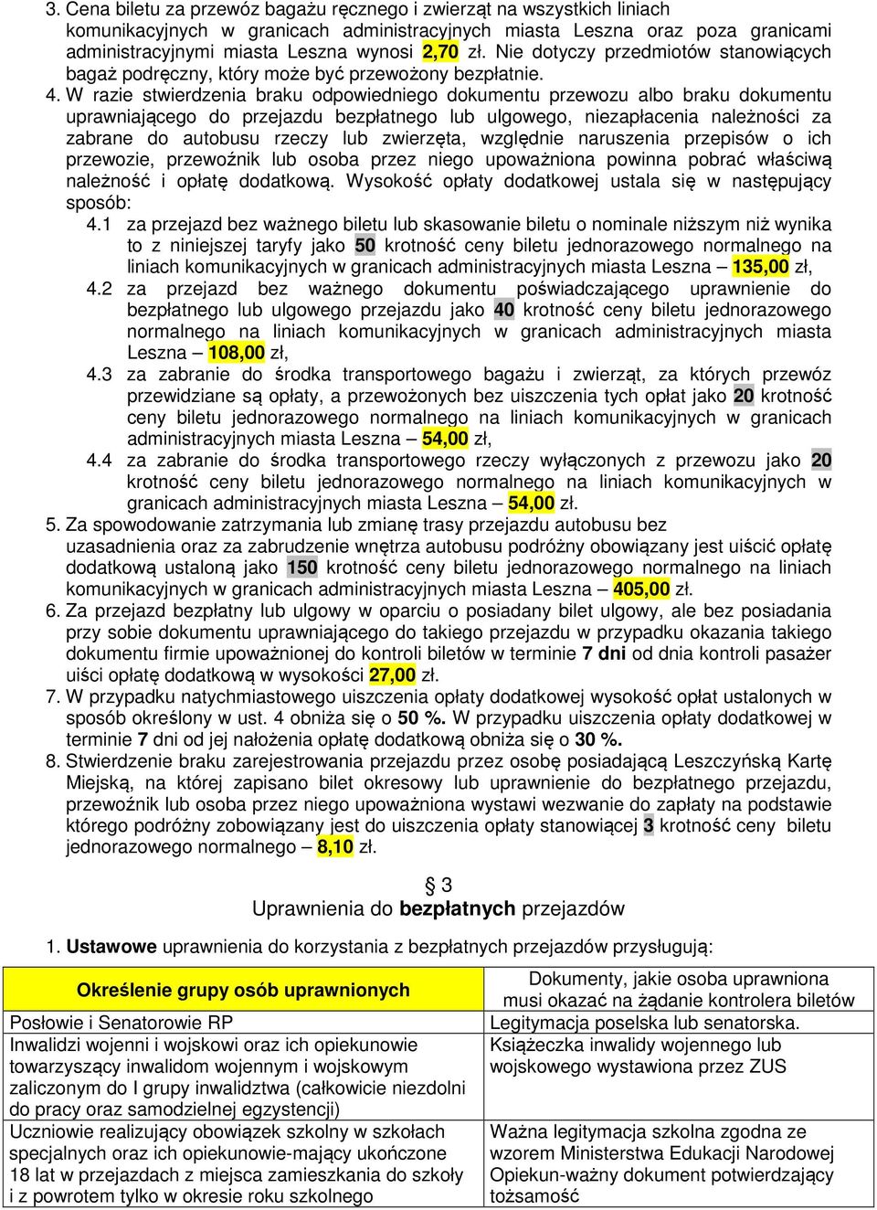 W razie stwierdzenia braku odpowiedniego dokumentu przewozu albo braku dokumentu uprawniającego do przejazdu bezpłatnego lub ulgowego, niezapłacenia należności za zabrane do autobusu rzeczy lub