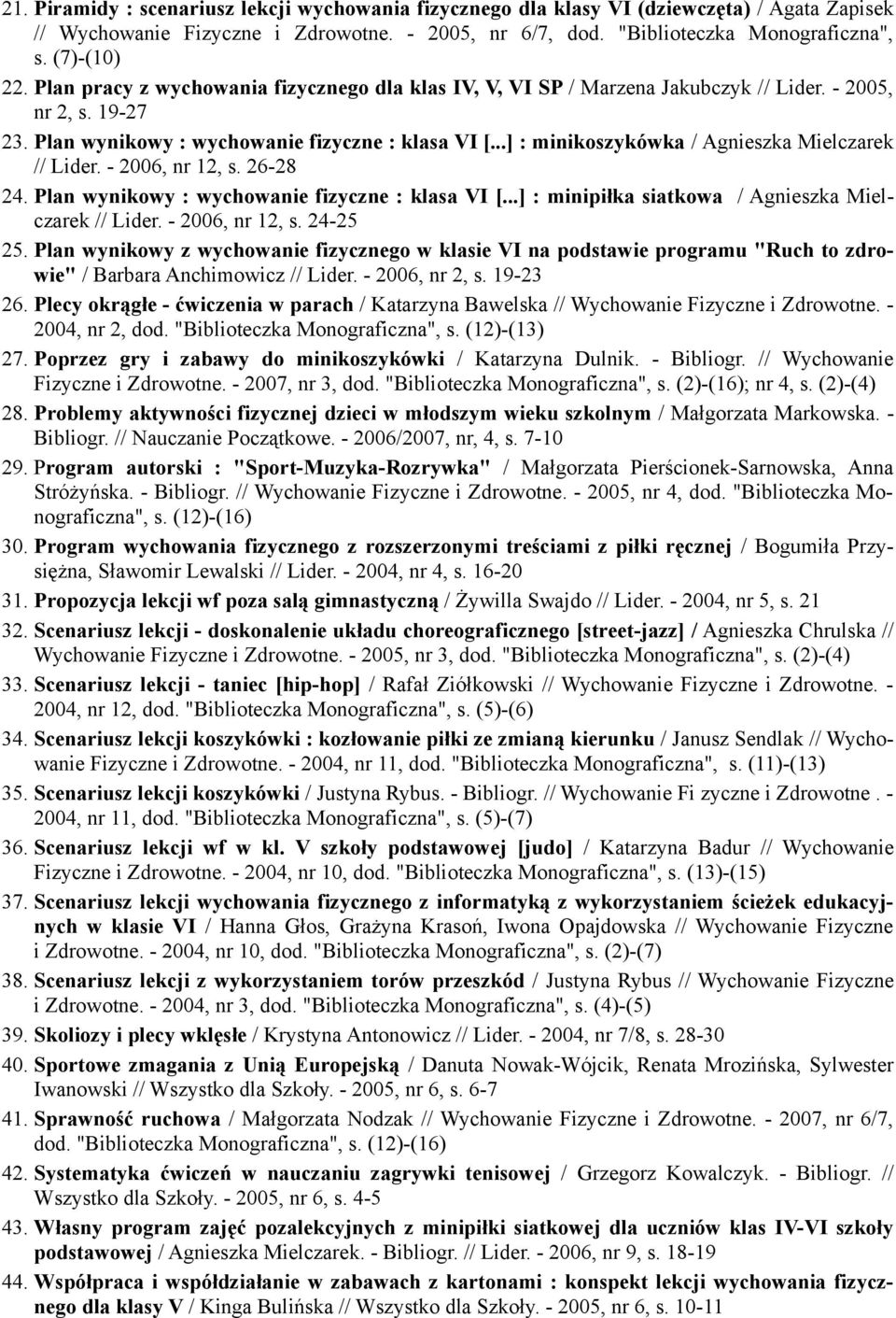 ..] : minikoszykówka / Agnieszka Mielczarek // Lider. - 2006, nr 12, s. 26-28 24. Plan wynikowy : wychowanie fizyczne : klasa VI [...] : minipiłka siatkowa / Agnieszka Mielczarek // Lider.