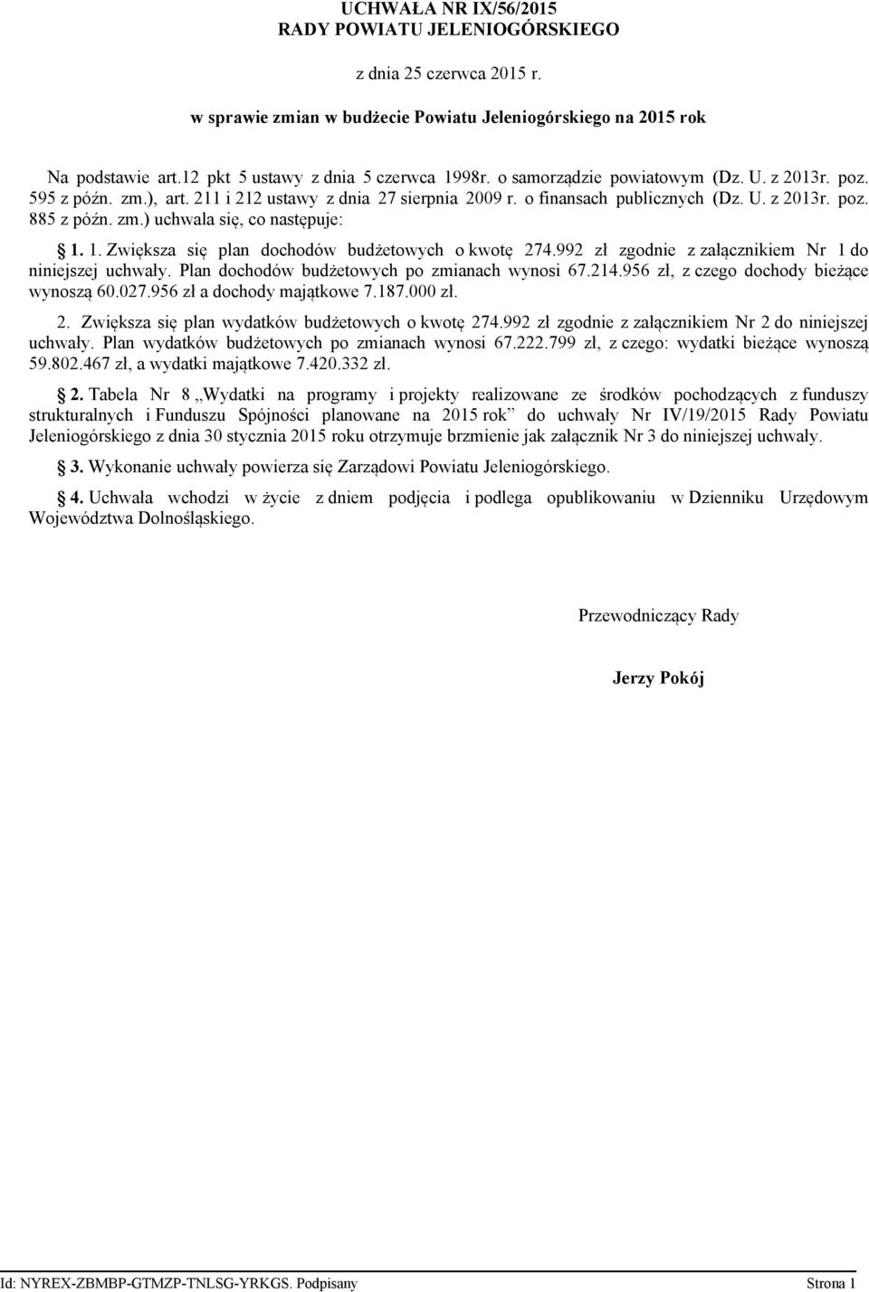 1. Zwiększa się plan dochodów budżetowych o kwotę 274.992 zł zgodnie z załącznikiem Nr 1 do niniejszej uchwały. Plan dochodów budżetowych po zmianach wynosi 67.214.