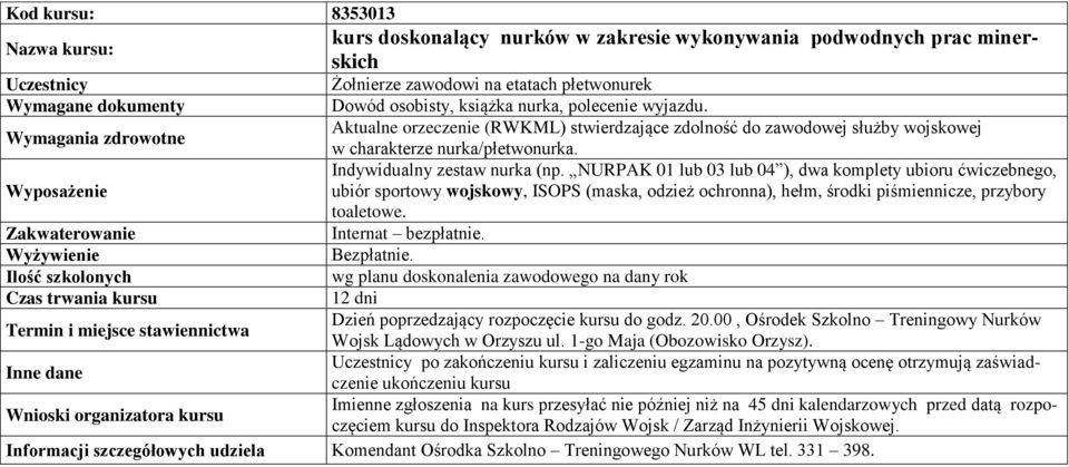 NURPAK 01 lub 03 lub 04 ), dwa komplety ubioru ćwiczebnego, ubiór sportowy wojskowy, ISOPS (maska, odzież ochronna), hełm, środki piśmiennicze, przybory toaletowe.