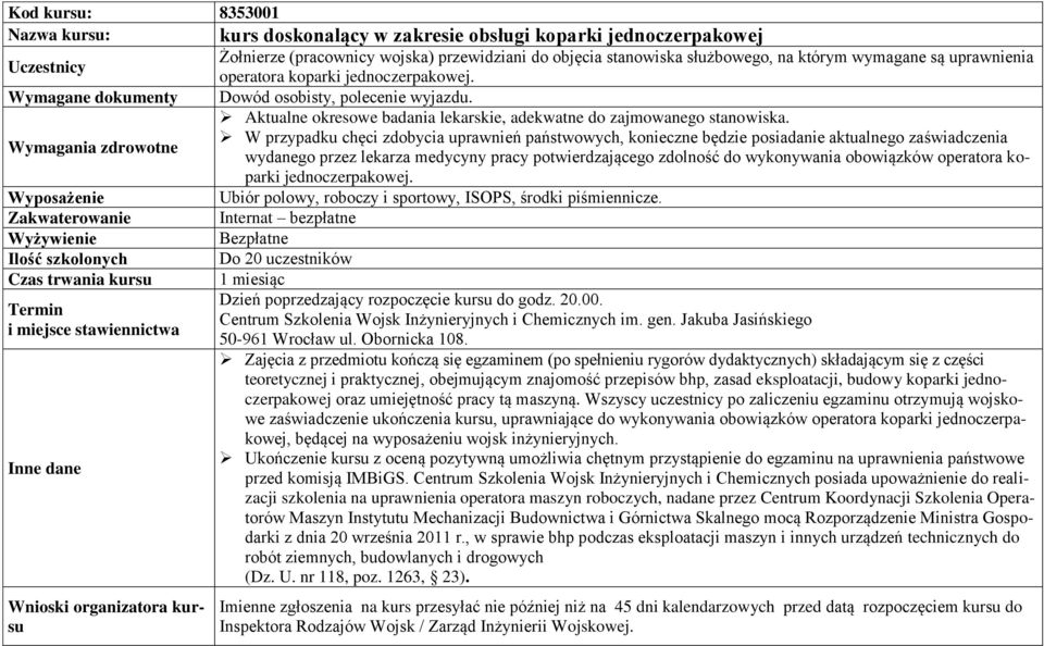 W przypadku chęci zdobycia uprawnień państwowych, konieczne będzie posiadanie aktualnego zaświadczenia wydanego przez lekarza medycyny pracy potwierdzającego zdolność do wykonywania obowiązków