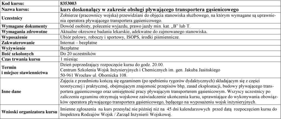 Aktualne okresowe badania lekarskie, adekwatne do zajmowanego stanowiska. Ubiór polowy, roboczy i sportowy, ISOPS, środki piśmiennicze.