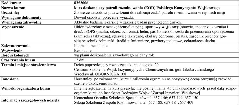 Ubiór ćwiczebny z oznaką identyfikacyjną, sportowy wojskowy (obuwie, spodenki, koszulka i dres), ISOPS (maska, odzież ochronna), hełm, pas żołnierski, szelki do przenoszenia oporządzenia (kamizelka