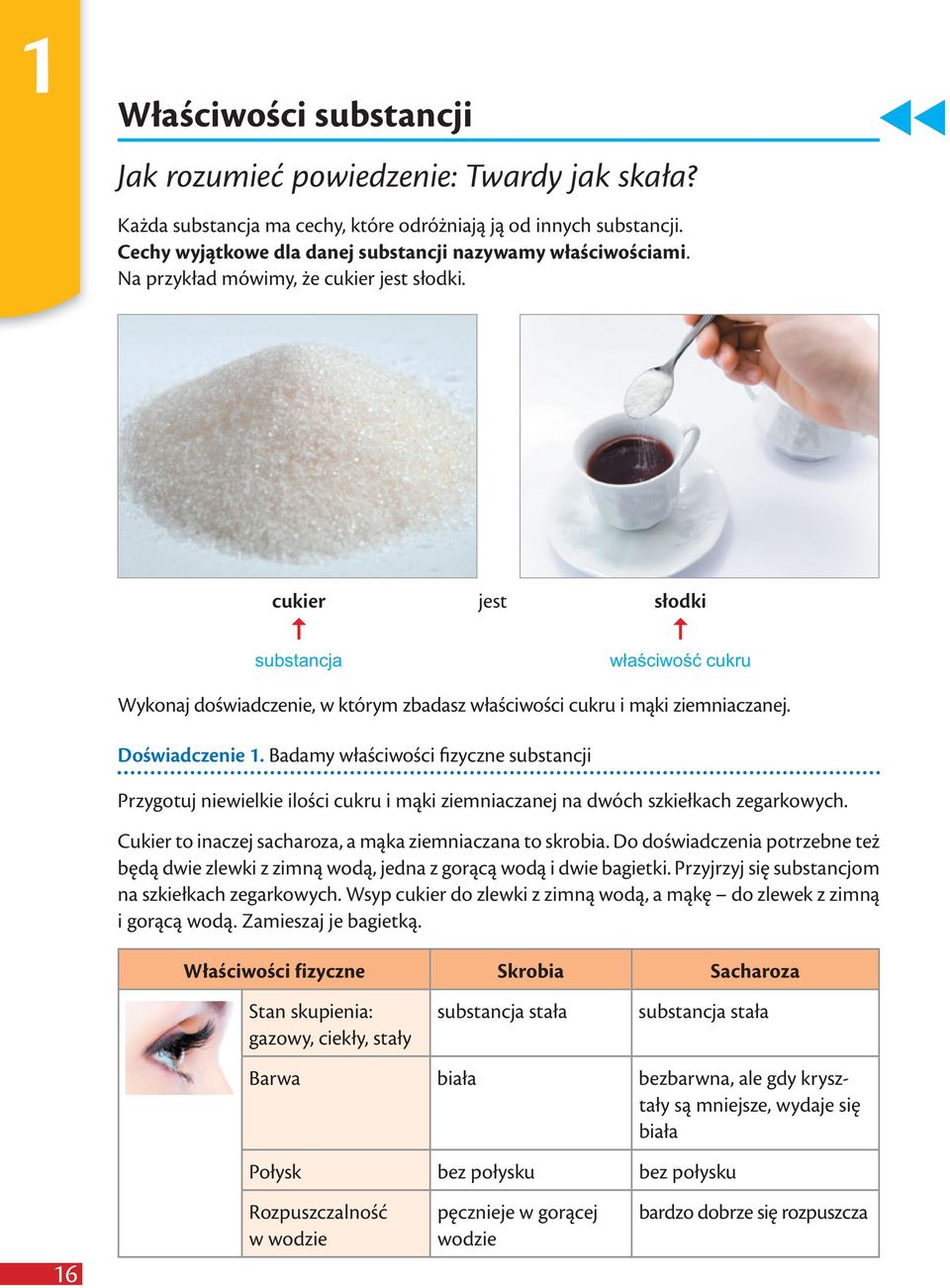 Badamy właściwości fizyczne substancji Przygotuj niewielkie ilości cukru i mąki ziemniaczanej na dwóch szkiełkach zegarkowych. Cukier to inaczej sacharoza, a mąka ziemniaczana to skrobia.