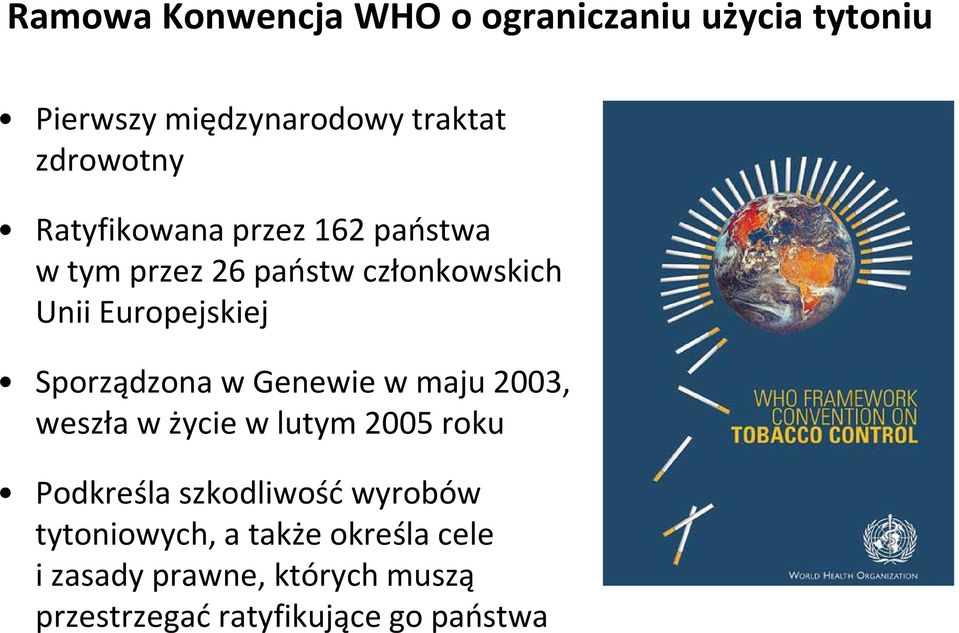 Sporządzona w Genewie w maju 2003, weszła w życie w lutym 2005 roku Podkreśla szkodliwość