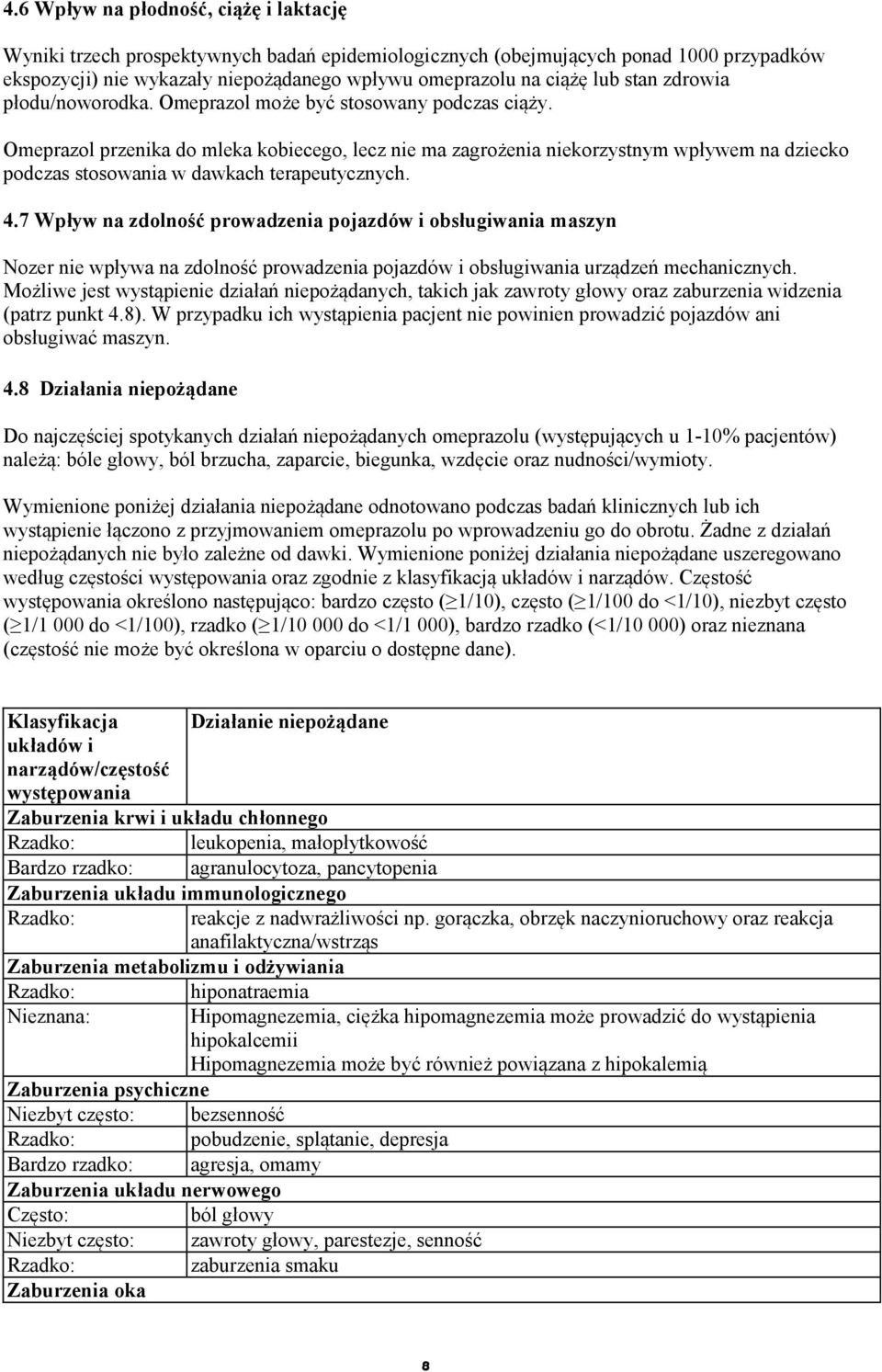 Omeprazol przenika do mleka kobiecego, lecz nie ma zagrożenia niekorzystnym wpływem na dziecko podczas stosowania w dawkach terapeutycznych. 4.