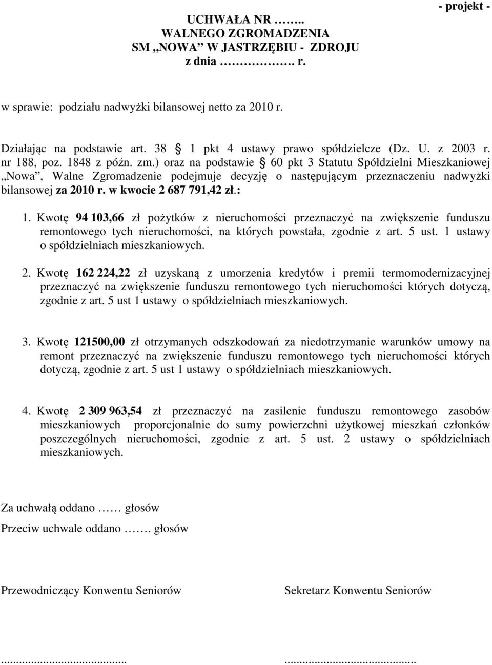 w kwocie 2 687 791,42 zł.: 1. Kwotę 94 103,66 zł pożytków z nieruchomości przeznaczyć na zwiększenie funduszu remontowego tych nieruchomości, na których powstała, zgodnie z art. 5 ust.