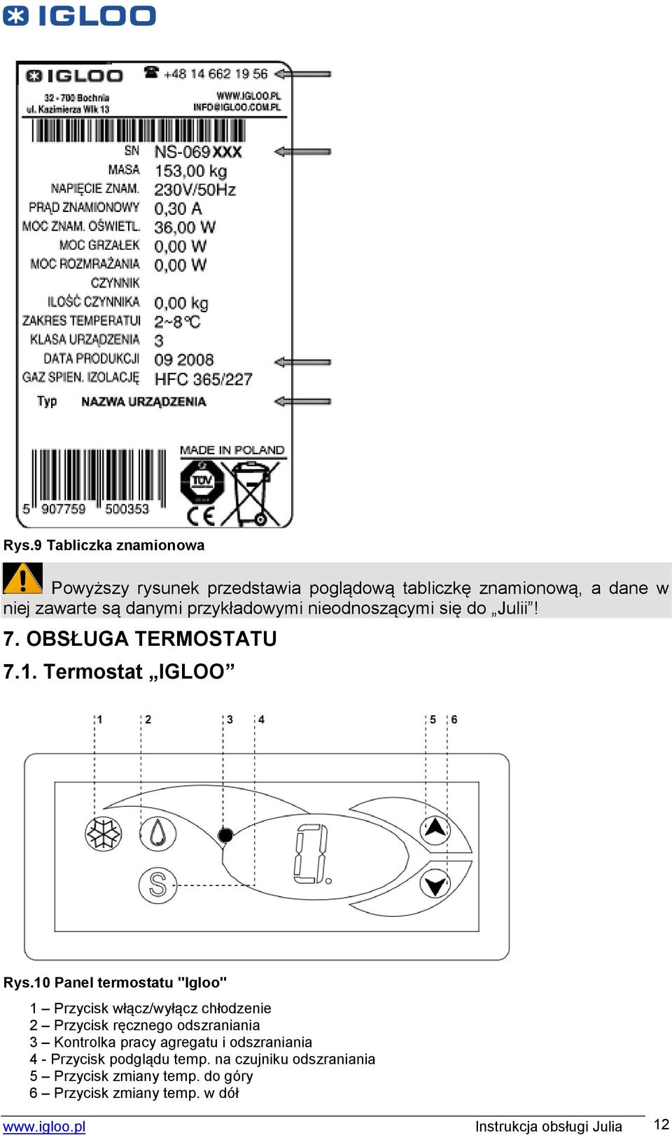 10 Panel termostatu "Igloo" 1 Przycisk włącz/wyłącz chłodzenie 2 Przycisk ręcznego odszraniania 3 Kontrolka pracy agregatu i