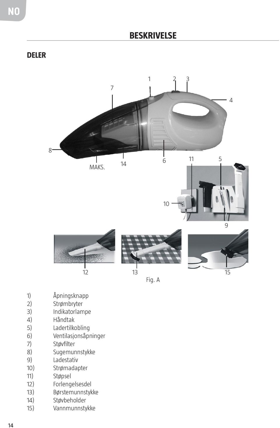 Ladertilkobling 6) Ventilasjonsåpninger 7) Støvfilter 8) Sugemunnstykke 9)