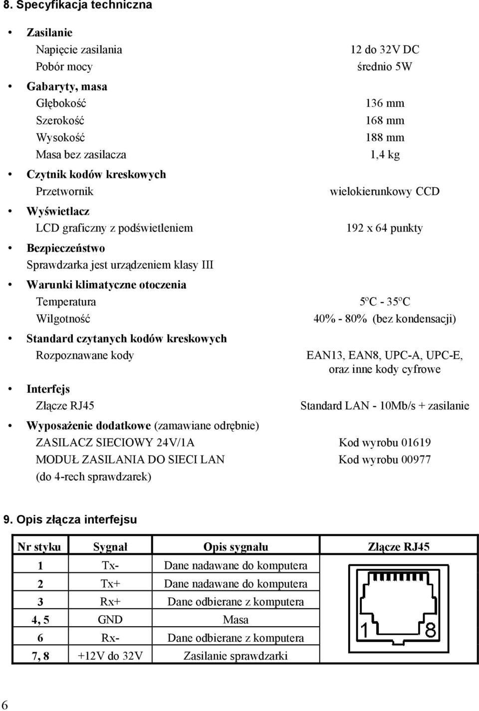 5ºC - 35ºC Wilgotność 40% - 80% (bez kondensacji) Standard czytanych kodów kreskowych Rozpoznawane kody EAN13, EAN8, UPC-A, UPC-E, oraz inne kody cyfrowe Interfejs Złącze RJ45 Standard LAN - 10Mb/s +