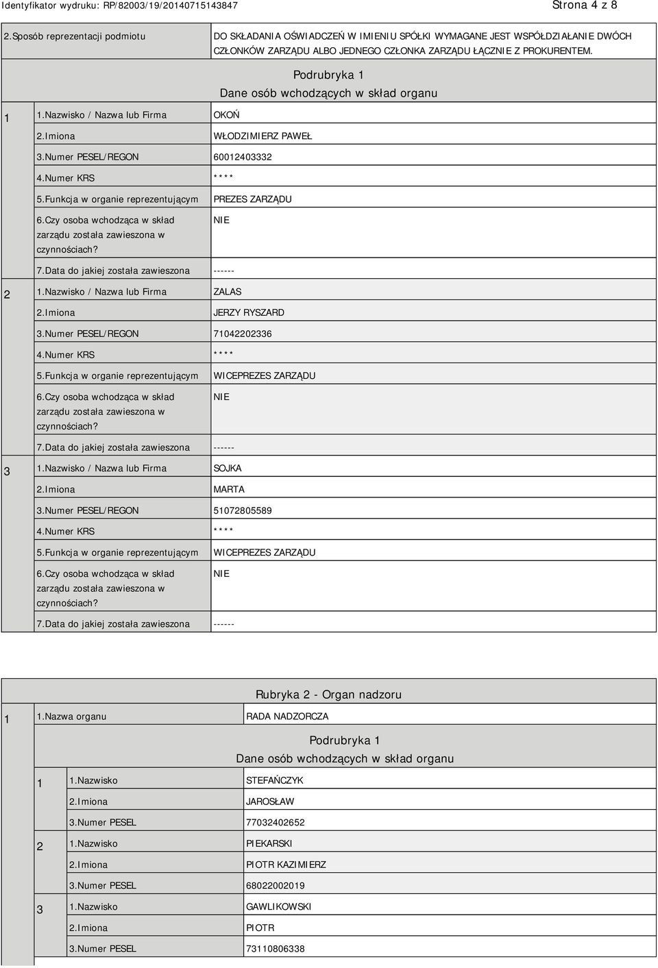 Czy osoba wchodząca w skład zarządu została zawieszona w czynnościach? PREZES ZARZĄDU 7.Data do jakiej została zawieszona ------ 2 1.Nazwisko / Nazwa lub Firma ZALAS JERZY RYSZARD 3.