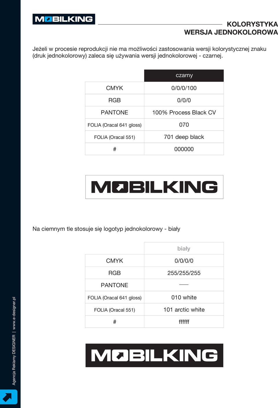 czarny CMYK RGB PANTONE FOLIA (Oracal 641 gloss) FOLIA (Oracal 551) # 0/0/0/100 0/0/0 100% Process Black CV 070 701 deep black