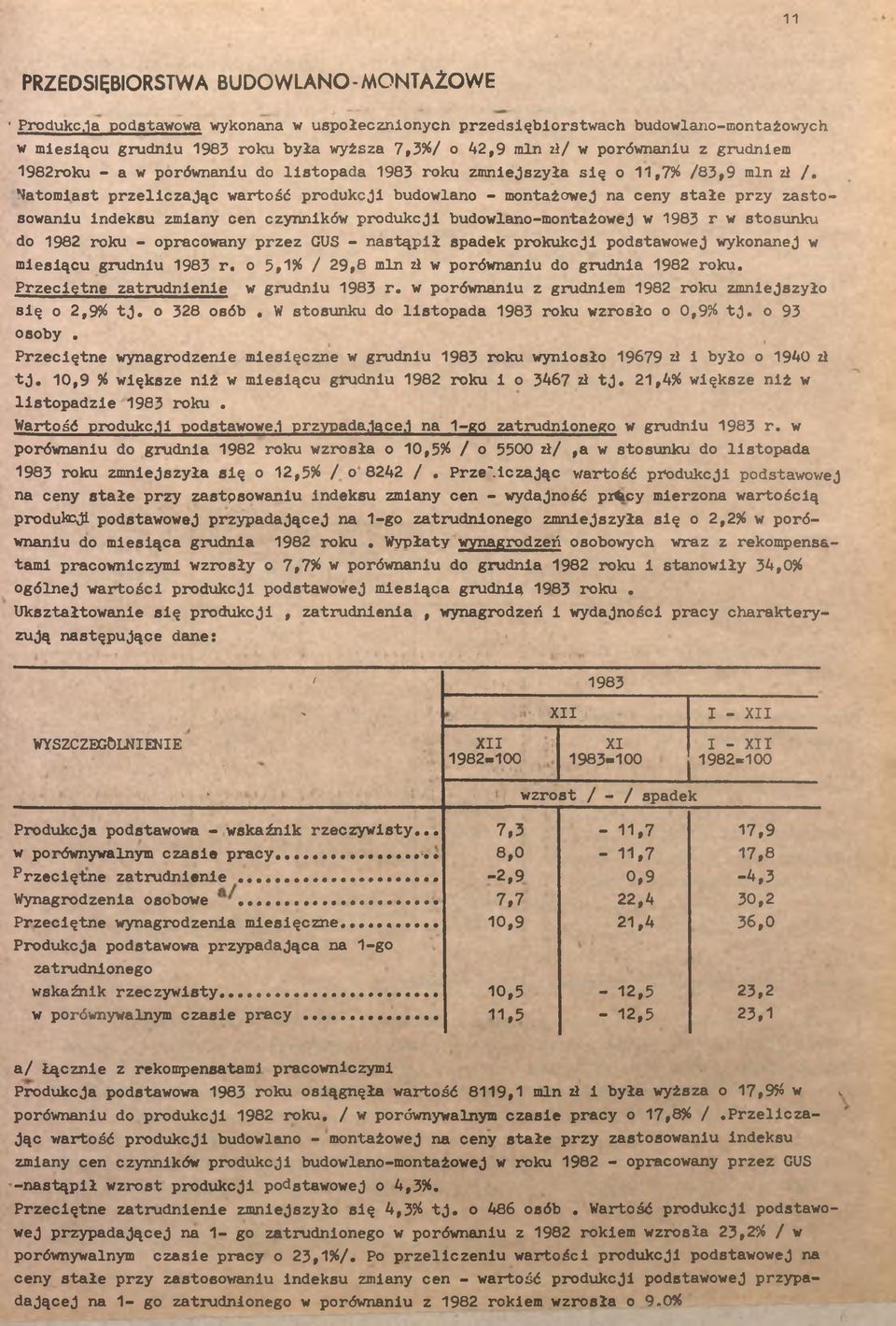 Natomast przelczając wartość produkcj budowlano montażowej na ceny stałe przy zastosowanu ndeksu zmany cen czynnków produkcj budowlanomontażowej w 983 r w stosunku do 982 roku opracowany przez GUS