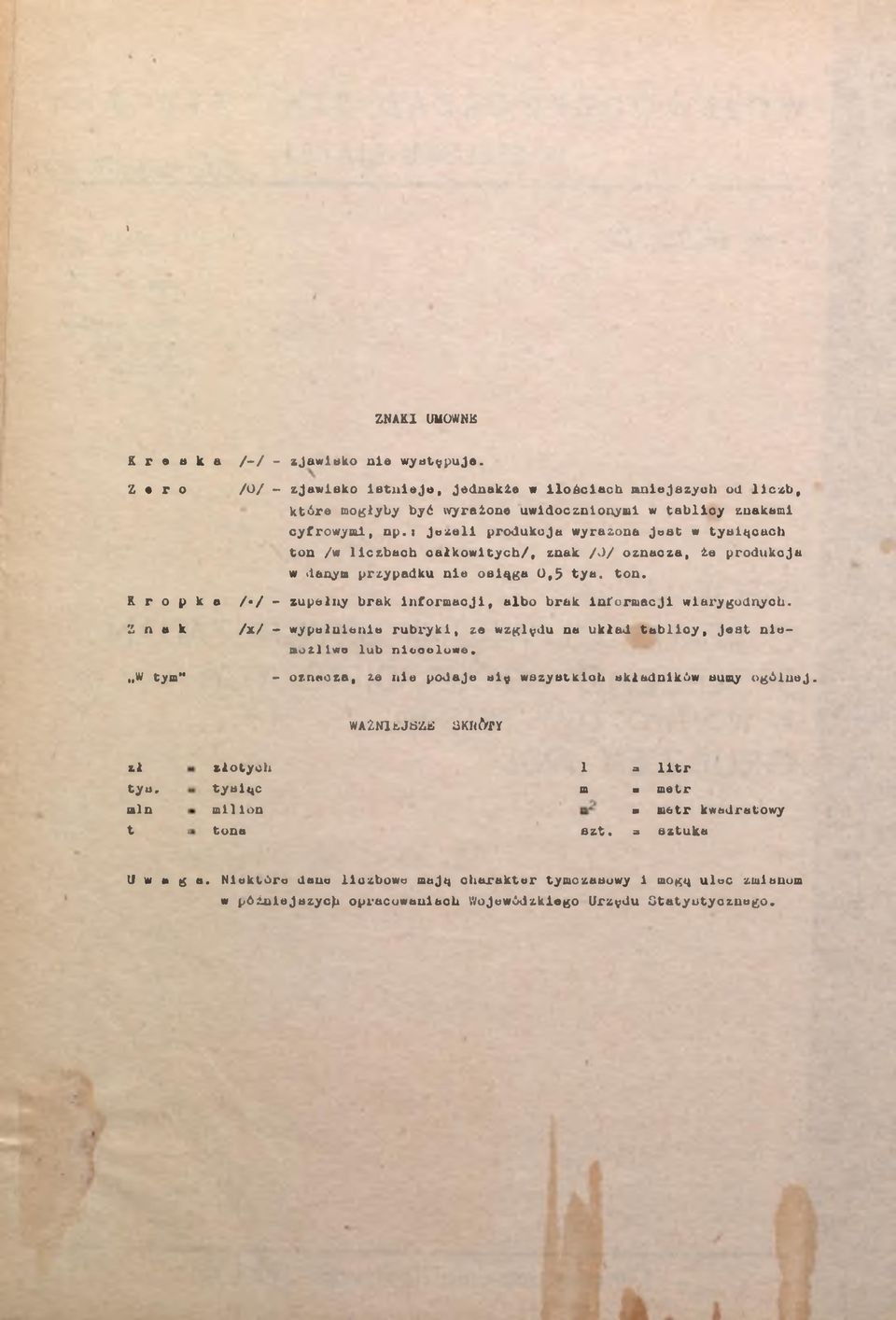 Jeżel produkcja wyrażona Jest w tysącach ton /w lczbach całkowtych/, znak A V oznacza, łe produkcja w danym przypadku ne osąga 0,5 tya. ton. k o / / zupełny brak nformacj, albo brak nformacj warygodnych.