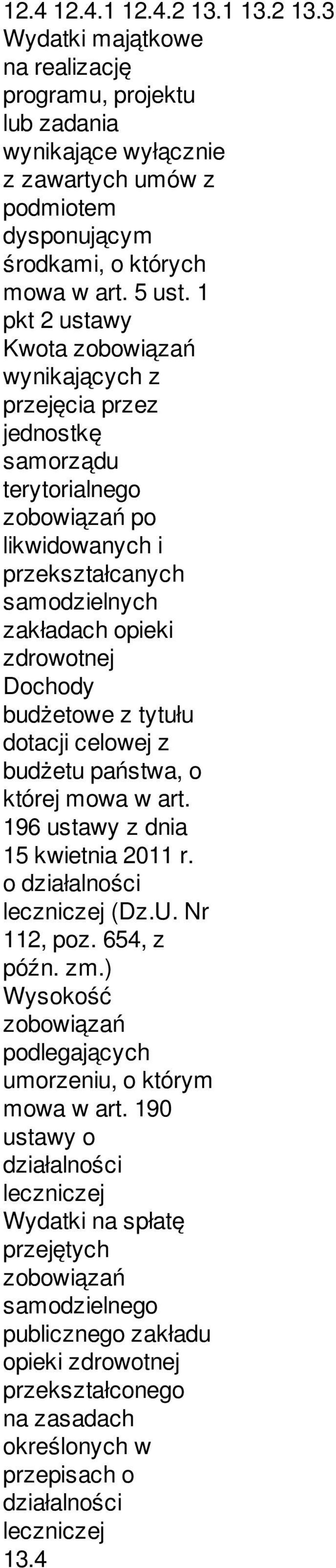 budżetowe z tytułu dotacji celowej z budżetu państwa, o której mowa w art. 196 ustawy z dnia 15 kwietnia 2011 r. o działalności leczniczej (Dz.U. Nr 112, poz. 654, z późn. zm.