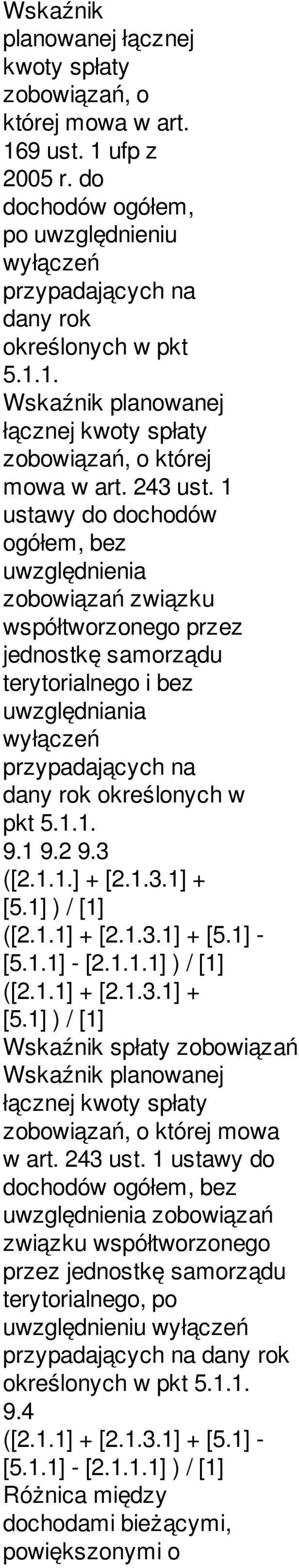 1 ustawy do dochodów ogółem, bez uwzględnienia zobowiązań związku współtworzonego przez jednostkę samorządu terytorialnego i bez uwzględniania wyłączeń przypadających na dany rok określonych w pkt 5.