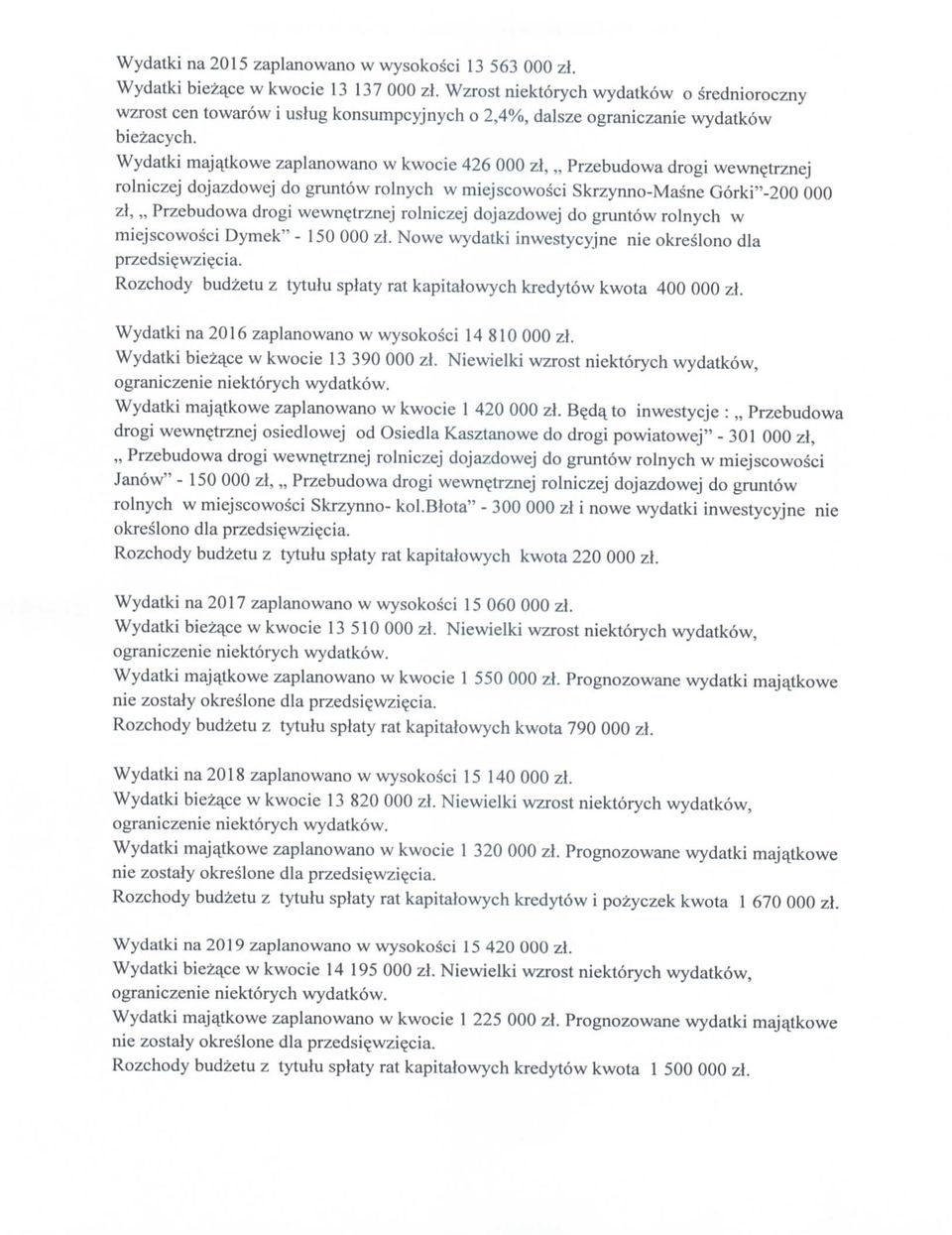 Wydatki majajkowe zaplanowano w kwocie 426 zt, Przebudowa drogi wewn^trznej rolniczej dojazdowej do gruntow rolnych w miejscowosci Skrzynno-Masne G6rki"-200 zl, Przebudowa drogi wewn^trznej rolniczej