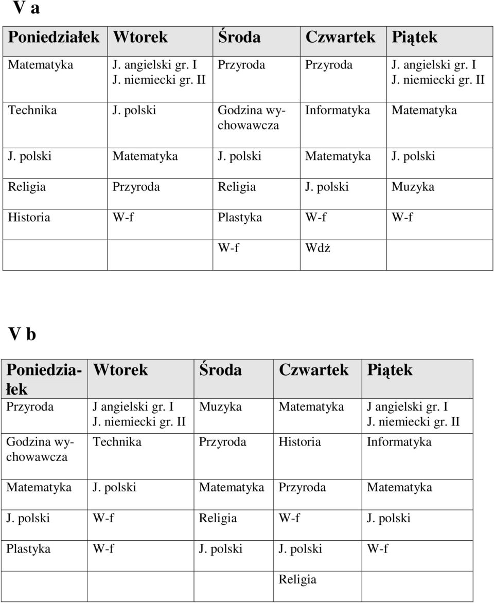 polski Muzyka Historia W-f Plastyka W-f W-f W-f Wdż V b Technika J.