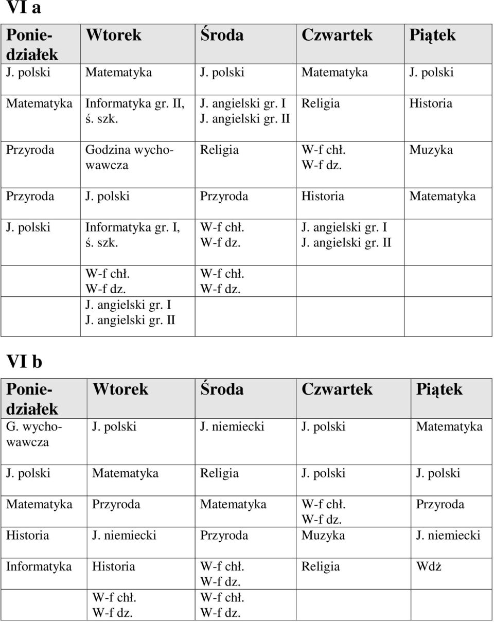 I I VI b G. wychowawcza J. polski J. niemiecki J. polski J. polski J. polski J. polski Historia J.