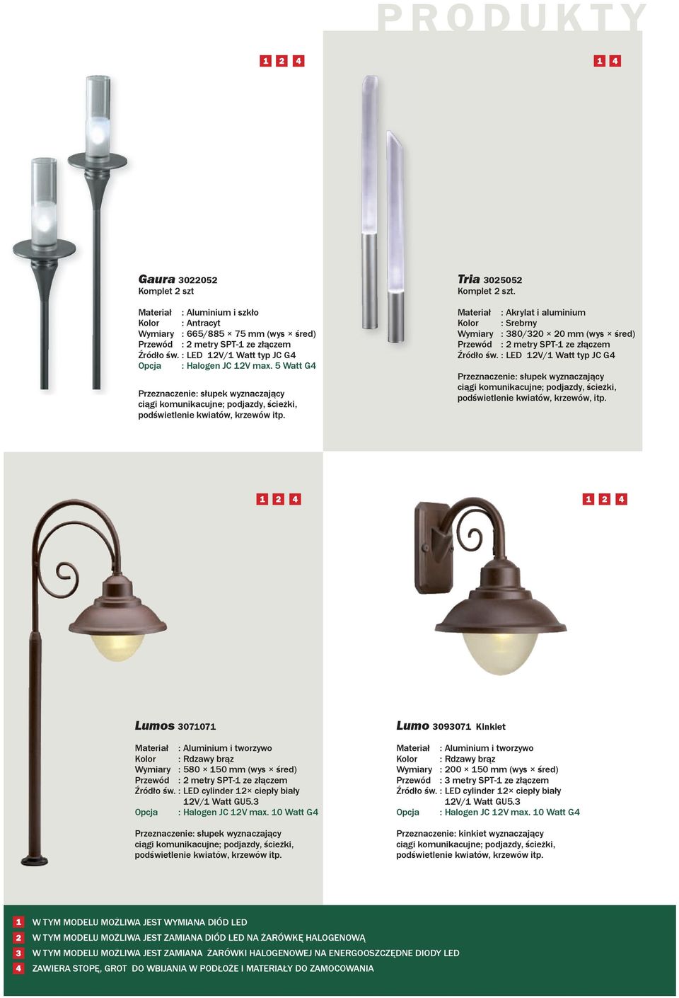 Lumos 3071071 Materiał : Aluminium i tworzywo Kolor : Rdzawy brąz Wymiary : 580 150 mm (wys śred) Źródło św. : LED cylinder 12 ciepły biały 12V/1 Watt GU5.3 Opcja : Halogen JC 12V max.