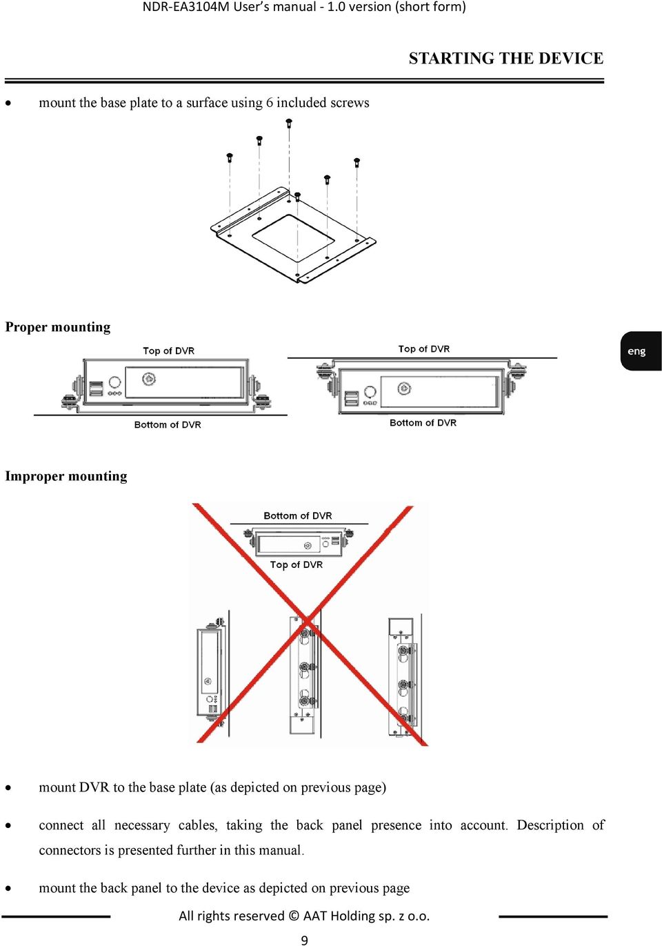 Improper mounting mount DVR to the base plate (as depicted on previous page) connect all necessary cables, taking the