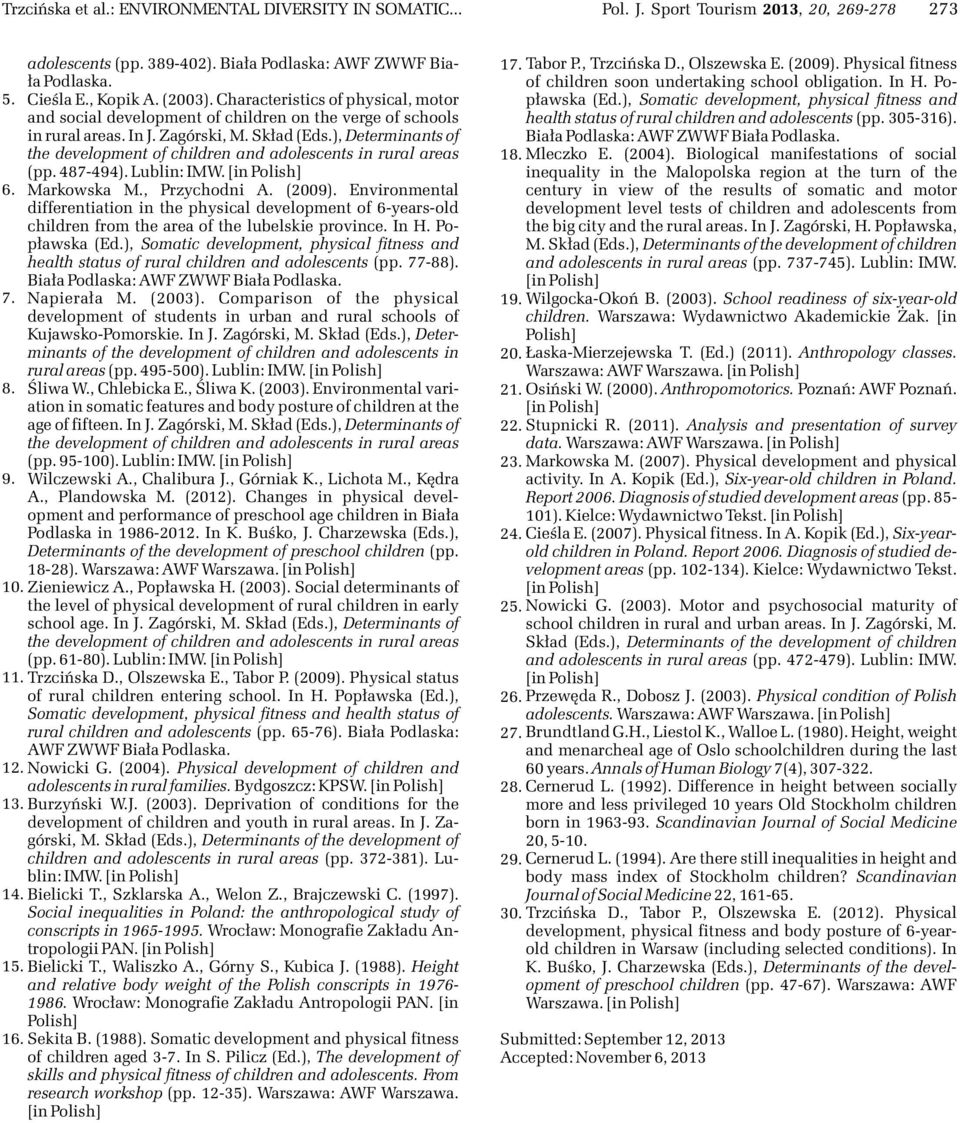 ), Determinants of the development of children and adolescents in rural areas (pp. 487-494). Lublin: IMW. [in Polish] 6. Markowska M., Przychodni A. (2009).