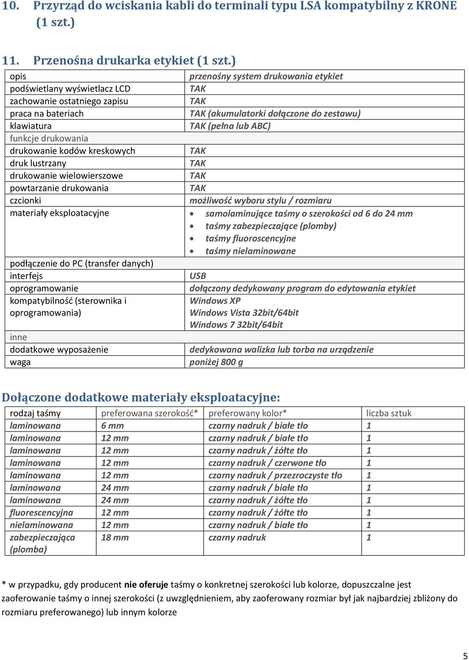 drukowania drukowanie kodów kreskowych druk lustrzany drukowanie wielowierszowe powtarzanie drukowania czcionki możliwość wyboru stylu / rozmiaru materiały eksploatacyjne samolaminujące taśmy o