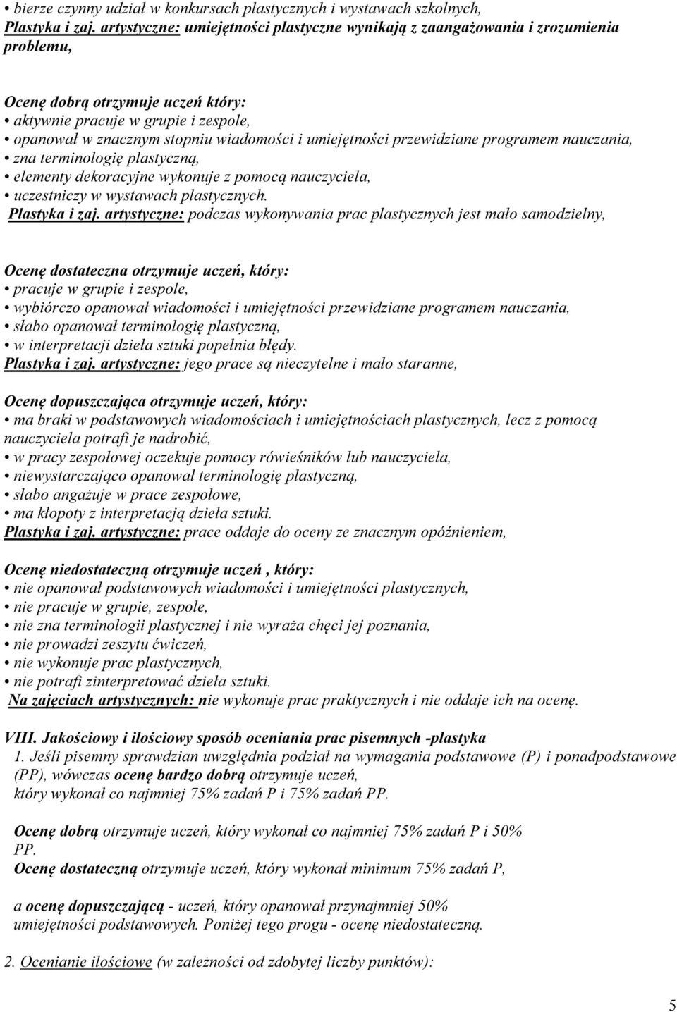 umiejętności przewidziane programem nauczania, zna terminologię plastyczną, elementy dekoracyjne wykonuje z pomocą nauczyciela, uczestniczy w wystawach plastycznych. Plastyka i zaj.