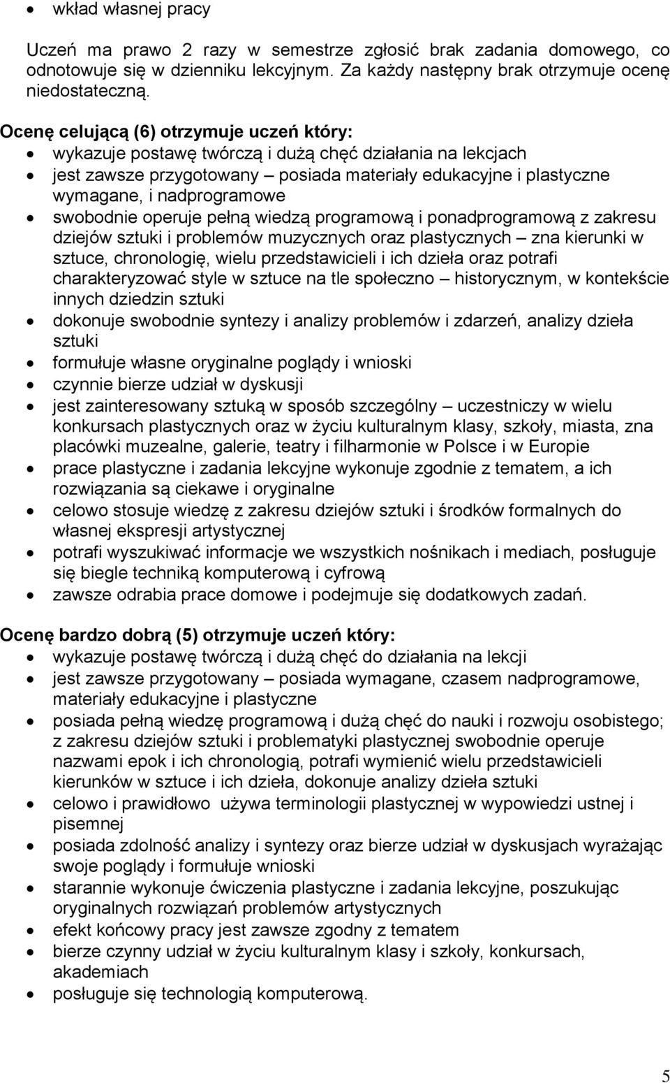 swobodnie operuje pełną wiedzą programową i ponadprogramową z zakresu dziejów sztuki i problemów muzycznych oraz plastycznych zna kierunki w sztuce, chronologię, wielu przedstawicieli i ich dzieła