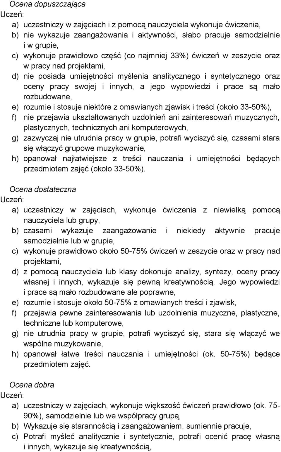 są mało rozbudowane, e) rozumie i stosuje niektóre z omawianych zjawisk i treści (około 33-50%), f) nie przejawia ukształtowanych uzdolnień ani zainteresowań muzycznych, plastycznych, technicznych