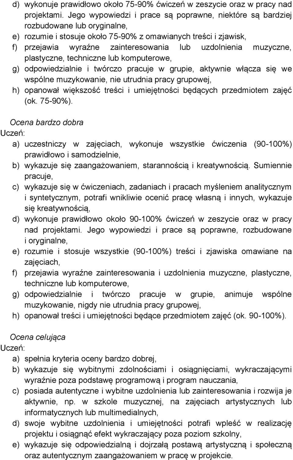 uzdolnienia muzyczne, plastyczne, techniczne lub komputerowe, g) odpowiedzialnie i twórczo pracuje w grupie, aktywnie włącza się we wspólne muzykowanie, nie utrudnia pracy grupowej, h) opanował