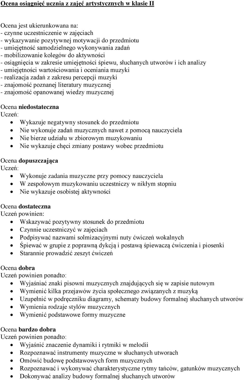 zadań z zakresu percepcji muzyki - znajomość poznanej literatury muzycznej - znajomość opanowanej wiedzy muzycznej Ocena niedostateczna Uczeń: Wykazuje negatywny stosunek do przedmiotu Nie wykonuje