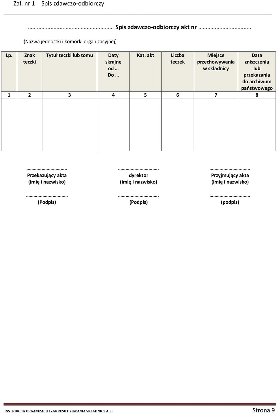 akt Liczba teczek Miejsce przechowywania w składnicy Data zniszczenia lub przekazania do archiwum państwowego 1 2 3 4 5 6 7